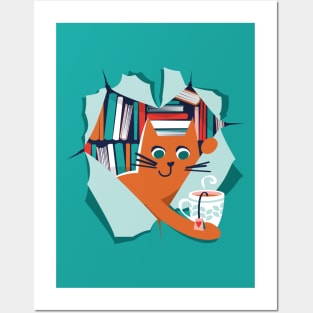 Bookish cat // orange tabby cat with tea mug teal neon red white and flesh coral books Posters and Art